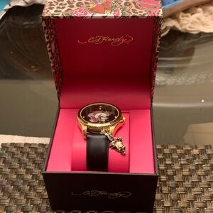 BRAND NEW NWOT Ed Hardy Women's Watch with Gold Case and Black Strap